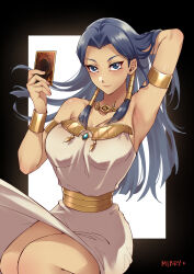 Rule 34 | 1girl, arm behind head, arm up, armlet, black hair, blue eyes, blush, bracelet, breasts, card, dark-skinned female, dark skin, dress, egyptian clothes, gold, hair tubes, highres, holding, holding card, ishizu ishtar, jewelry, large breasts, long hair, looking at viewer, mibry (phrysm), millennium necklace, solo, trading card, white dress, yu-gi-oh!, yu-gi-oh! duel monsters