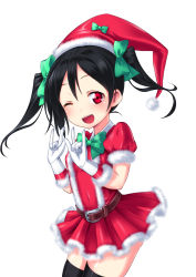 Rule 34 | 10s, 1girl, ;d, \m/, belt, black hair, blush, bow, christmas, double \m/, dress, fur trim, hair bow, hat, looking at viewer, love live!, love live! school idol project, nico nico nii, one eye closed, open mouth, red eyes, santa costume, santa hat, satou kuuki, short hair, smile, solo, thighhighs, twintails, wink, yazawa nico