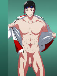 Rule 34 | 1boy, abs, clothes down, unworn clothes, free!, highres, legs, male focus, matsuoka rin, muscular, muscular male, penis, pink hair, red eyes, sexyanimes, smile, smiley face, swim cap