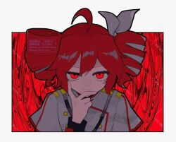 Rule 34 | 1girl, abstract background, ahoge, alt text, artist name, border, buttons, closed mouth, commentary request, drill hair, grey jacket, hair ribbon, hand up, jacket, kasane teto, kasane teto (sv), long sleeves, looking at viewer, outside border, red background, red eyes, red hair, ribbon, solo, synthesizer v, takamiya yuu, twin drills, twitter username, upper body, utau, watermark, white border