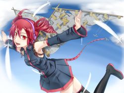 Rule 34 | 1girl, ahoge, day, detached sleeves, drill hair, feathers, flying, headphones, kasane teto, newspaper, red eyes, red hair, skirt, sky, smile, solo, sukua, thighhighs, tk28, twin drills, twintails, utau, vocaloid, wings, zettai ryouiki