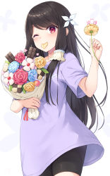 Rule 34 | 1girl, absurdres, bike shorts, black hair, black shorts, blush, bouquet, candy, checkerboard cookie, chocolate, chocolate bar, commentary request, cookie, dated, floral background, flower, food, hair flower, hair ornament, hand up, highres, holding, holding bouquet, holding flower, lollipop, long hair, mouth hold, one eye closed, original, purple shirt, red eyes, red flower, red rose, rose, shirt, short shorts, short sleeves, shorts, solo, swept bangs, swirl lollipop, tsuchikure, very long hair, white background, white flower, yellow flower, yellow rose