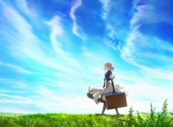 Rule 34 | 10s, 1girl, blonde hair, blue eyes, boots, braid, case, cleaned, day, dress, grass, hair ribbon, highres, key visual, official art, outdoors, promotional art, ribbon, scenery, short hair, sky, solo, suitcase, umbrella, violet evergarden, violet evergarden (series)