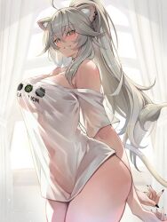 Rule 34 | 1girl, ahoge, animal ear fluff, animal ears, arms behind back, bare shoulders, black nails, bottomless, curtains, earrings, fang, green eyes, grey hair, grin, hair between eyes, high ponytail, highres, hololive, jewelry, lion ears, lion girl, lion tail, long hair, looking at viewer, looking down, nail polish, omoti (1201208), see-through, see-through silhouette, shirt, shishiro botan, shishiro botan (casual), sideways glance, smile, solo, standing, sunlight, tail, virtual youtuber, window