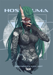 Rule 34 | 1girl, arknights, black gloves, black pants, black shirt, breasts, character name, copyright name, covered navel, cropped legs, elbow gloves, gloves, green hair, hair over one eye, highres, horns, hoshiguma (arknights), impossible clothes, impossible shirt, large breasts, long hair, long sleeves, looking at viewer, mask, open fly, pants, partially fingerless gloves, peppsi (saba sabasuk0), print shirt, shirt, single horn, skin-covered horns, solo, very long hair, yellow eyes