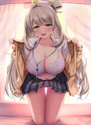 Rule 34 | 1girl, black skirt, blue archive, blush, breasts, brown hair, brown jacket, cleavage, collarbone, commentary request, gluteal fold, green eyes, hair bun, halo, highres, jacket, kneeling, large breasts, long hair, long sleeves, looking at viewer, melopun, miniskirt, nonomi (blue archive), open clothes, open jacket, open mouth, revision, shirt, single hair bun, skirt, smile, solo, thigh gap, thighs, white shirt