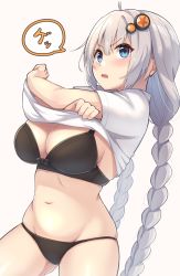 Rule 34 | 1girl, ahoge, black bra, black panties, blue eyes, blush, bra, braid, breasts, cleavage, clothes lift, commentary request, cowboy shot, gluteal fold, hair ornament, highres, kizuna akari, large breasts, lifting own clothes, long hair, looking at viewer, mole, mole on breast, navel, open mouth, panties, shirt, shirt lift, short sleeves, shun (b.c), silver hair, solo, speech bubble, star (symbol), stomach, twin braids, underwear, undressing, v-shaped eyebrows, very long hair, vocaloid, voiceroid, white shirt