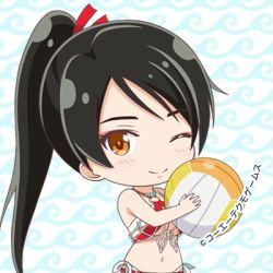 Rule 34 | 1girl, artist request, ball, beach volleyball, bikini, bikini top only, black hair, blush, breasts, chibi, cleavage, dead or alive, dead or alive xtreme venus vacation, eyeshadow, happy, high ponytail, holding, holding ball, jewelry, large breasts, long hair, looking at viewer, lowres, makeup, momiji (ninja gaiden), navel, necklace, o-ring bikini top, official art, one eye closed, patterned background, playing sports, ponytail, smile, source request, standing, swimsuit, tecmo, underboob, upper body, volleyball, volleyball (object), wave print, wink