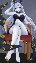 Rule 34 | 1girl, :p, absurdres, aged up, alternate breast size, alternate skin color, animal ear hairband, animal ears, arm rest, azur lane, bare legs, bare shoulders, barefoot, black dress, breasts, cleavage, colored skin, crossed legs, detached collar, devstar, dress, fake animal ears, from below, full body, hairband, hand up, highres, hip focus, knee up, legs, long hair, looking at viewer, looking down, medium breasts, no panties, observer alpha (azur lane), on chair, siren (azur lane), sitting, sleeveless, sleeveless dress, smile, solo, strapless, strapless dress, tentacles, tongue, tongue out, very long hair, white skin