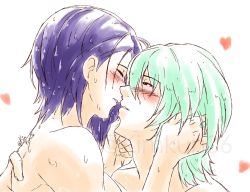 Rule 34 | 1boy, 1girl, black eyes, blue hair, blush, breasts, byleth (fire emblem), byleth (male) (fire emblem), closed eyes, couple, fire emblem, fire emblem: three houses, green hair, half-closed eyes, hands on another&#039;s face, heart, hetero, incipient kiss, kiora06, large breasts, nintendo, nude, shamir nevrand, simple background, water drop, white background