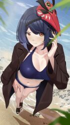 Rule 34 | 1girl, absurdres, beach, bikini, bird mask, black bikini, black hair, blurry, breasts, brown coat, closed mouth, coat, coat on shoulders, depth of field, from above, genshin impact, haerge, hand up, highres, kujou sara, large breasts, looking at viewer, looking up, mask, mask on head, navel, orange eyes, red mask, revision, rock, sand, sandals, short hair, solo, stomach, swimsuit, trench coat, water