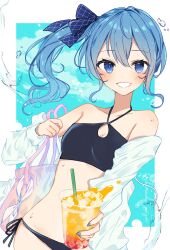 Rule 34 | 1girl, bag, bare shoulders, bikini, black bikini, blue eyes, blue hair, blue nails, blue ribbon, breasts, chiho (pixiv10578873), criss-cross halter, cup, drink, drinking straw, hair between eyes, hair ribbon, halterneck, highres, holding, holding cup, holding drink, hololive, hoshimachi suisei, long hair, looking at viewer, nail polish, navel, open clothes, open shirt, ribbon, ribbon hair ornament, shirt, shoulder bag, side-tie bikini bottom, side ponytail, sky, small breasts, smile, solo, swimsuit, virtual youtuber, white shirt