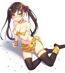 Rule 34 | 1girl, alexmaster, animal print, black thighhighs, blush, breasts, brown hair, cleavage, clenched teeth, female focus, groin, horns, looking at viewer, medium breasts, no panties, oni, orange eyes, original, revealing clothes, setsubun, sitting, solo, strapless, tears, teeth, thigh strap, thighhighs, tiger print, twintails, twintails day