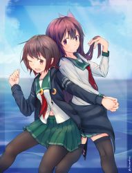 Rule 34 | 10s, 2girls, ;d, bad id, bad pixiv id, black legwear, blouse, blue sky, brown hair, chamu (chammkue), clothes around waist, cloud, crescent, crescent pin, day, hair ornament, highres, holding hands, jacket, jacket around waist, kantai collection, kisaragi (kancolle), long hair, md5 mismatch, multiple girls, mutsuki (kancolle), ocean, one eye closed, open mouth, outdoors, pantyhose, remodel (kantai collection), shirt, short hair, sky, smile, thighhighs, water