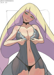Rule 34 | 1girl, artist name, babydoll, blonde hair, blush, breasts, cleavage, creatures (company), game freak, green eyes, heart, heart-shaped pupils, highres, large breasts, legs, long hair, lusamine (pokemon), mature female, nadirequinox, naughty face, navel, nintendo, pokemon, pokemon sm, smile, solo, symbol-shaped pupils, teasing, thick thighs, thighs, thong, tongue, tongue out