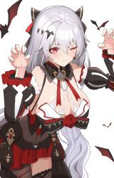 Rule 34 | 1girl, absurdres, bare shoulders, bat (animal), bat hair ornament, black dress, breasts, cleavage, closed mouth, commentary request, covered navel, cowboy shot, detached sleeves, dress, earrings, flower, hair ornament, highres, honkai (series), honkai impact 3rd, jewelry, large breasts, long hair, long sleeves, red eyes, red flower, red rose, rose, solo, theresa apocalypse, theresa apocalypse (luna kindred), theresa apocalypse (lunar vow: crimson love), white hair, zhourues