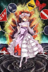 Rule 34 | 1girl, bad id, bad pixiv id, blonde hair, bow, dress, female focus, foreshortening, hair bow, hat, high heels, long hair, outstretched arm, outstretched hand, red eyes, ribbon, ripples, road sign, shoes, sign, slit pupils, smile, socks, solo, touhou, water, wide sleeves, yakumo yukari, yasumo, yasumo (kuusouorbital), yin yang