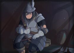 Rule 34 | 1boy, adelbert steiner, arm armor, armor, black pants, blush, chainmail, chest belt, commentary, cuirass, dark, doll, english commentary, eyelashes, faulds, final fantasy, final fantasy ix, frown, full body, furrowed brow, gloves, grey gloves, hand up, highres, holding, holding doll, indoors, knight, looking down, male focus, mintfizzles, morion, on table, pants, pauldrons, sad, shoulder armor, silk, single tear, sitting, spider web, sweatdrop, table, tearing up