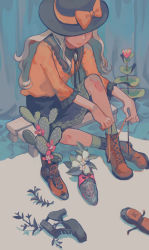 Rule 34 | 1girl, alternate hairstyle, boots, unworn boots, cactus, clea (geee13), cross-laced footwear, female focus, green legwear, hat, hat over eyes, komeiji koishi, lace-up boots, lips, long hair, long sleeves, nature, shirt, silver hair, sitting, skirt, smile, solo, touhou