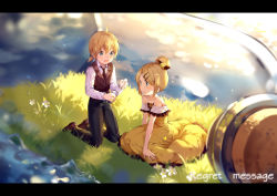 Rule 34 | 1boy, 1girl, aged down, allen avadonia, bare arms, bare shoulders, black neckwear, blonde hair, blue eyes, blurry, blush, bottle, brother and sister, brown footwear, collarbone, cork, corked bottle, daisy, depth of field, dress, evillious nendaiki, flat chest, flower, frilled dress, frills, grass, hair bun, hair ornament, hairclip, highres, hmniao, holding, holding bottle, in bottle, in container, kagamine len, kagamine rin, kneeling, letterboxed, light particles, message in a bottle, necktie, ocean, paper, regret message (vocaloid), riliane lucifen d&#039;autriche, shirt, shoes, short hair, siblings, single hair bun, sleeveless, sleeveless blazer, sleeveless dress, smile, song name, sparkle, sparkle background, sunset, twilight, twins, vocaloid, water surface, white flower, white shirt, yellow dress