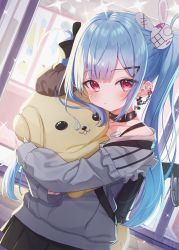 Rule 34 | 1girl, backpack, bag, bare shoulders, black bow, black collar, black skirt, blue hair, blush, bow, rabbit hair ornament, closed mouth, collar, collarbone, commentary request, ear piercing, grey shirt, hair bow, hair ornament, hairclip, heart, highres, long hair, long sleeves, looking at viewer, hugging object, off-shoulder shirt, off shoulder, original, piercing, pleated skirt, red eyes, shirt, signature, skirt, sleeves past wrists, solo, stuffed animal, stuffed dog, stuffed toy, tsukiman, twintails, very long hair