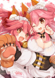 Rule 34 | 2girls, alternate costume, animal ears, animal hands, apron, bell, blush, blush stickers, breasts, cat paws, cleavage, collar, commentary request, enmaided, fangs, fate/grand order, fate (series), fox ears, fox tail, gloves, hair ribbon, heart, jingle bell, large breasts, long hair, looking at viewer, maid, maid apron, maid headdress, megane poni, multiple girls, neck bell, one eye closed, paw gloves, pink hair, ribbon, tail, tamamo (fate), tamamo cat (fate), tamamo cat (second ascension) (fate), tamamo no mae (fate/extra), tamamo no mae (tailmaid strike) (fate), twintails, very long hair, yellow eyes