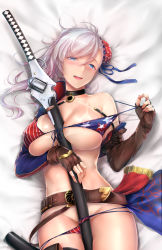 Rule 34 | american flag bikini, asymmetrical gloves, between breasts, bikini, bikini pull, blue eyes, breasts, bun cover, clothes pull, cowboy shot, dakimakura (medium), elbow gloves, fate/grand order, fate (series), fingerless gloves, flag print, gloves, hair ornament, large breasts, lying, mismatched gloves, miyamoto musashi (fate), miyamoto musashi (fate/grand order), miyamoto musashi (swimsuit berserker) (fate), miyamoto musashi (swimsuit berserker) (second ascension) (fate), multi-strapped bikini, on back, on bed, open mouth, pink hair, ponytail, rei kun, swimsuit, tan, tanline