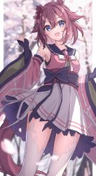 Rule 34 | 1girl, animal ears, blue eyes, blurry, blurry background, breasts, detached sleeves, fingerless gloves, flower, gloves, hair flaps, hair flower, hair ornament, highres, horse ears, horse girl, horse tail, huyunora, looking at viewer, medium breasts, open mouth, pink hair, sakura chiyono o (umamusume), solo, tail, thighhighs, umamusume, white background
