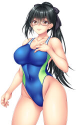 Rule 34 | 1girl, absurdres, black hair, black ribbon, blue one-piece swimsuit, breasts, brown eyes, collarbone, competition swimsuit, covered navel, hair ribbon, hand on own chest, highleg, highleg swimsuit, highres, hikinomiya komori, indie virtual youtuber, large breasts, long hair, one-piece swimsuit, ponytail, ribbon, simple background, solo, swimsuit, umamake genko, virtual youtuber, white background