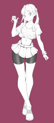 Rule 34 | 1girl, bike shorts, cheshirrr, closed mouth, cropped shirt, crossed legs, greyscale with colored background, hair ornament, hand up, highleg, highleg panties, highres, looking at viewer, midriff, miniskirt, navel, original, panties, pleated skirt, red background, shoes, short sleeves, simple background, skirt, solo, thigh gap, twintails, underwear, watson cross