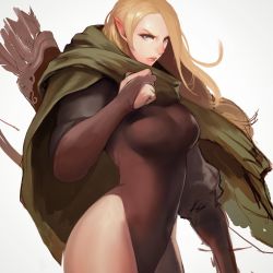 Rule 34 | 1girl, arrow (projectile), blonde hair, blue eyes, bow, bow (weapon), breasts, bridal gauntlets, brown hair, cape, covered navel, elf, gauntlets, glasses, gluteal fold, hair bow, highres, hong soon-jae, large breasts, leotard, lips, long hair, looking at viewer, original, panties, pointy ears, puffy sleeves, quiver, sailor collar, school uniform, serious, short hair, simple background, solo, underwear, very long hair, weapon, white background