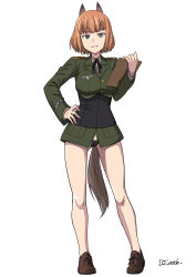 Rule 34 | 1girl, absurdres, animal ears, black panties, blue eyes, blush, brave witches, breasts, brown hair, cameltoe, dog ears, dog tail, dragoncastle, full body, gundula rall, highres, large breasts, looking at viewer, military, military uniform, panties, signature, simple background, smile, solo, standing, tail, underwear, uniform, white background, world witches series