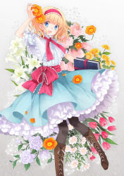 Rule 34 | 1girl, alice margatroid, arm up, black pantyhose, blonde hair, blue eyes, book, boots, capelet, cross-laced footwear, easter lily, female focus, flower, frills, hair flower, hair ornament, hairband, holding, holding flower, koto (colorcube), lace-up boots, lily (flower), marigold, open mouth, pantyhose, petticoat, rose, sash, shirt, short hair, skirt, smile, solo, touhou, tulip