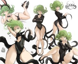 Rule 34 | 1girl, animal ears, ass, black bow, black bowtie, black dress, black footwear, black leotard, bow, bowtie, breasts, closed eyes, collar, commentary, crossed arms, dress, fake animal ears, fantasy, female focus, floating, floating hair, floating object, floating rock, green eyes, green hair, hairband, highres, leotard, levitation, looking at viewer, lying, magic, matching hair/eyes, medium breasts, multiple views, no panties, on stomach, one-punch man, playboy bunny, psychic, rabbit ears, rabbit tail, rakeemspoon, rock, shoes, short hair, sitting, standing, strapless, strapless leotard, tail, tatsumaki, telekinesis, the pose, torn clothes, torn dress, white background, white collar
