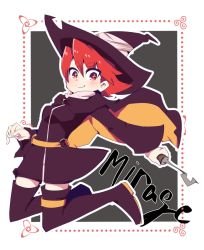 Rule 34 | belt, dress, hat, hys-d, little witch academia, matching hair/eyes, mirage (little witch academia), orange belt, purple dress, red eyes, red hair, short hair, wand, witch hat
