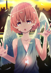 Rule 34 | 1boy, angel wings, cityscape, earrings, eyebrows hidden by hair, feathers, hands against glass, heart, heart-shaped pupils, highres, jewelry, looking at viewer, male focus, nori (norinorirrr), open mouth, orange hair, original, sleeveless, solo, sunset, symbol-shaped pupils, tagme, wings