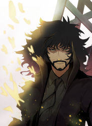 Rule 34 | 1boy, beard, black hair, bug, butterfly, closed mouth, cowboy bebop, facial hair, green eyes, hair between eyes, highres, insect, looking at viewer, solo, soumon, spiked hair, vincent volaju