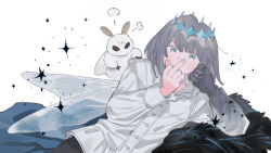 Rule 34 | 1boy, angry, blanca (fate), bug, diamond hairband, dragonfly wings, dress shirt, fate (series), frilled shirt collar, frills, grey eyes, grey hair, insect, looking at viewer, lying, male focus, middle finger, moth, oberon (fate), oberon (third ascension) (fate), on side, oneroom-disco, shirt, short hair, simple background, white background, white shirt
