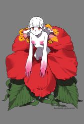Rule 34 | 1girl, breasts, brown eyes, colored skin, expressionless, female focus, flower, grey background, highres, kizuta (barometz), leaning forward, looking at viewer, monster girl, navel, original, plant girl, pointy ears, simple background, small breasts, solo, twitter username, white hair, white skin