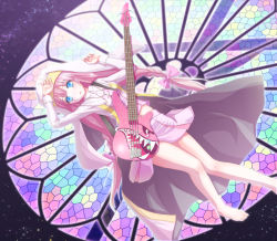 Rule 34 | barefoot, bass guitar, blue eyes, bow, cross, habit, hadi, hair bow, highres, instrument, jewelry, long hair, necklace, nun, original, pink hair, robe, skirt, solo, stained glass, star (sky), twintails