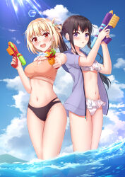Rule 34 | 2girls, :d, bikini, black bikini, black hair, blonde hair, blue jacket, blue sky, breasts, brown bikini, cloud, collarbone, commentary request, frilled bikini, frills, hair ornament, hair scrunchie, highres, holding, holding water gun, inoue takina, jacket, large breasts, long hair, lycoris recoil, medium breasts, multiple girls, muwa12, navel, nishikigi chisato, ocean, open clothes, open jacket, open mouth, outdoors, partially submerged, pointing, pointing at viewer, pointing gun, ponytail, purple eyes, red eyes, scrunchie, short hair, sky, smile, sunlight, swimsuit, two-tone bikini, wading, water gun, white bikini, white scrunchie