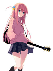 Rule 34 | 1girl, blue eyes, bocchi the rock!, cube hair ornament, electric guitar, feet out of frame, gotoh hitori, guitar, hair between eyes, cube hair ornament, hair ornament, hand in pocket, highres, holding, holding instrument, instrument, jacket, kneehighs, kuro work, long hair, looking at viewer, pink hair, pink jacket, pleated skirt, simple background, skirt, socks, solo, track jacket, white background
