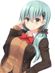 Rule 34 | 10s, 1girl, aqua eyes, bad id, bad twitter id, bespectacled, bow, bowtie, breasts, brown jacket, glasses, green hair, grin, hair between eyes, hair ornament, hairclip, hand on own hip, highres, jacket, kantai collection, long hair, long sleeves, looking at viewer, medium breasts, navy (navy.blue), red bow, red bowtie, remodel (kantai collection), shirt, simple background, smile, solo, suzuya (kancolle), white background, white shirt