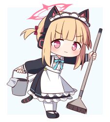 Rule 34 | 1girl, :3, animal ear headphones, animal ears, apron, black dress, black footwear, blonde hair, blue archive, blue background, blush, bow, broom, bucket, chibi, closed mouth, collared dress, dress, fake animal ears, frilled apron, frilled dress, frills, hair bow, halo, hana kazari, headphones, highres, holding, holding broom, holding bucket, long sleeves, looking at viewer, maid, maid apron, maid headdress, momoi (blue archive), momoi (maid) (blue archive), pantyhose, pink eyes, puffy long sleeves, puffy sleeves, red bow, revision, shoes, solo, tail, twintails, two-tone background, v-shaped eyebrows, white apron, white background, white pantyhose