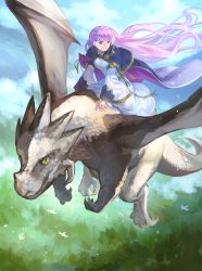 Rule 34 | 1girl, absurdly long hair, absurdres, bird, blue dress, cape, claws, cloak, closed mouth, commission, commissioner upload, dragon, dress, expressionless, fire emblem, fire emblem: the binding blade, flying, hair blowing, highres, horns, huge filesize, landscape, long hair, long sleeves, nature, nintendo, picnicic, purple eyes, purple hair, riding, scales, sky, sophia (fire emblem), tail, very long hair, yellow eyes