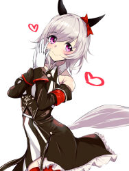 Rule 34 | 1girl, animal ears, bare shoulders, black coat, blush, bow, breasts, closed mouth, coat, collared dress, curren chan (umamusume), dress, ear bow, gloves, grey hair, hands up, heart, highres, horse ears, horse girl, horse tail, long sleeves, miya ken, multiple girls, off-shoulder coat, off shoulder, own hands together, purple eyes, red thighhighs, short hair, simple background, sleeveless, sleeveless dress, small breasts, smile, solo, tail, thighhighs, umamusume, upper body, white background, white gloves