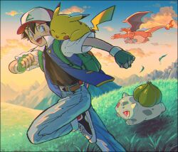 Rule 34 | 1boy, ^ ^, ash ketchum, backpack, bag, baseball cap, belt, black hair, bulbasaur, carrying, charizard, clenched hand, closed eyes, cloud, creatures (company), dark skin, fiery tail, fingerless gloves, game freak, gen 1 pokemon, gloves, grass, green gloves, hair between eyes, hat, highres, kwsby 124, leg up, male focus, mountain, nintendo, open mouth, outdoors, pants, pikachu, poke ball, poke ball (basic), pokemon, pokemon (anime), pokemon (classic anime), pokemon (creature), red eyes, running, shirt, shoes, signature, sky, squirtle, tail, wings