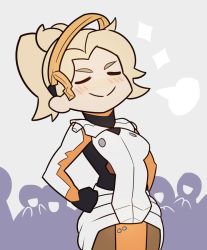 Rule 34 | 1girl, blonde hair, female focus, halo, hands on own hips, mechanical halo, mercy (overwatch), overwatch, overwatch 1, ponytail, simple background, smile, splashbrush