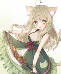Rule 34 | 1girl, absurdres, acorn, ahoge, antenna hair, blush, cat girl, cat tail, commission, commissioner upload, dress, frilled dress, frills, green dress, green eyes, green hair, hazelnut, heart, heart ahoge, highres, holding, holding clothes, holding dress, long hair, looking at viewer, pocket, red ribbon, ribbon, simple background, skeb commission, smile, solo, tail, vrchat, white background, wrist cuffs, yoshino saku