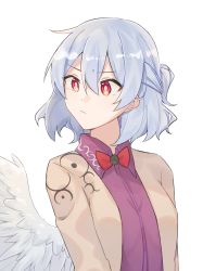 Rule 34 | 1girl, :/, angel wings, bow, bowtie, braid, breasts, bright pupils, brooch, brown jacket, closed mouth, commentary request, dress, feathered wings, french braid, grey hair, hair between eyes, highres, idaku, jacket, jewelry, kishin sagume, long sleeves, looking at viewer, looking to the side, medium breasts, purple dress, red bow, red bowtie, red eyes, short hair, simple background, single wing, solo, touhou, upper body, white background, wings